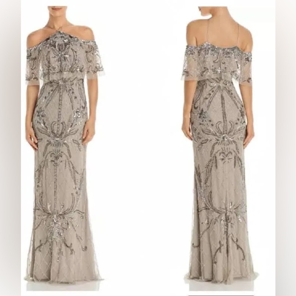 Aiddan Mattox Beaded off the shoulder silver gown